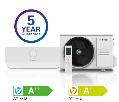 Bosch Climate 3000i indoor and outdoor units with 5-year guarantee badge and A++ / A+ energy labels